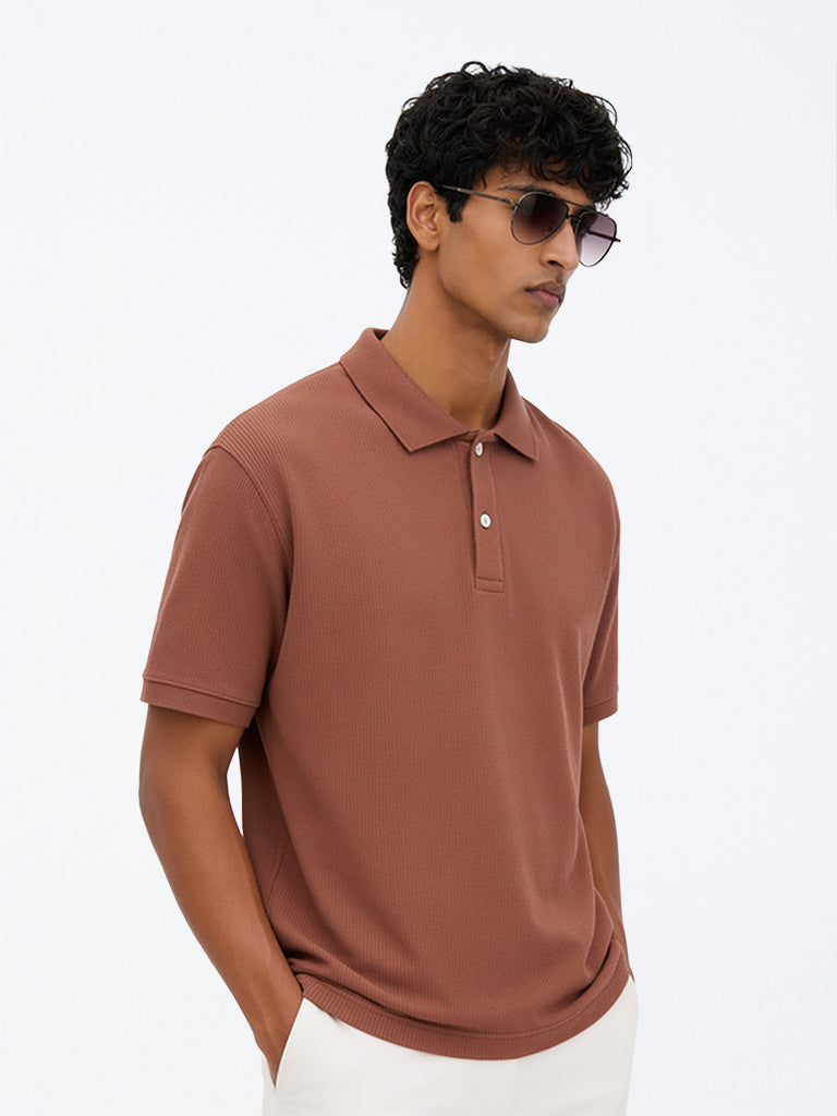 WES Casuals Rust Ribbed-Textured Relaxed-Fit Polo T-Shirt
