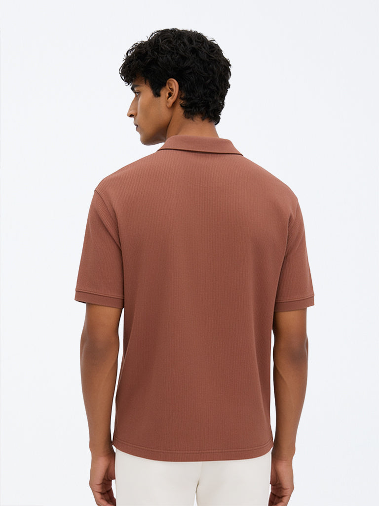 WES Casuals Rust Ribbed-Textured Relaxed-Fit Polo T-Shirt