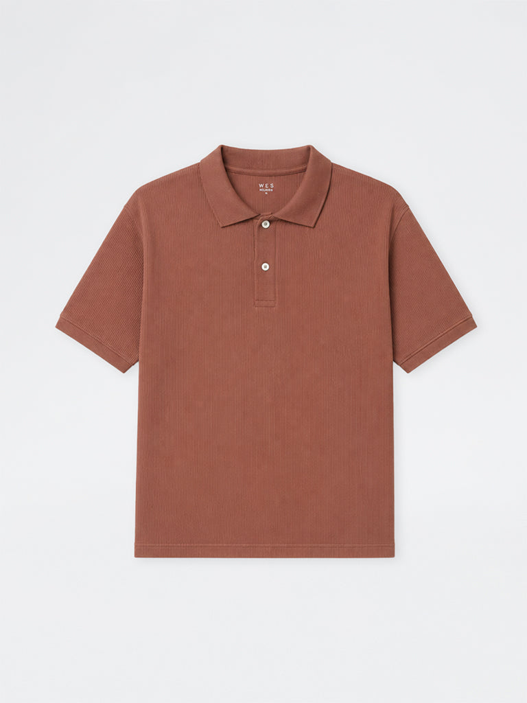 WES Casuals Rust Ribbed-Textured Relaxed-Fit Polo T-Shirt