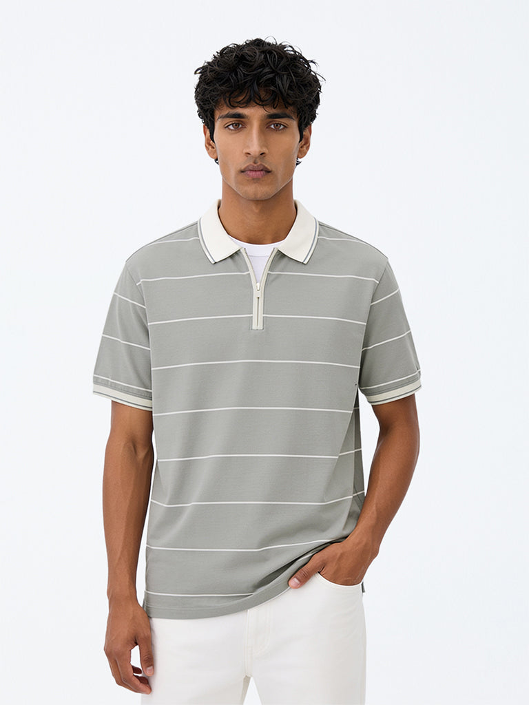 WES Casuals Grey Striped Relaxed-Fit Cotton-Blend Quarter Zip Polo T-Shirt