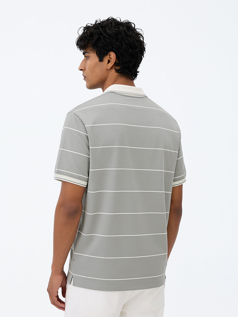 WES Casuals Grey Striped Relaxed-Fit Cotton-Blend Quarter Zip Polo T-Shirt