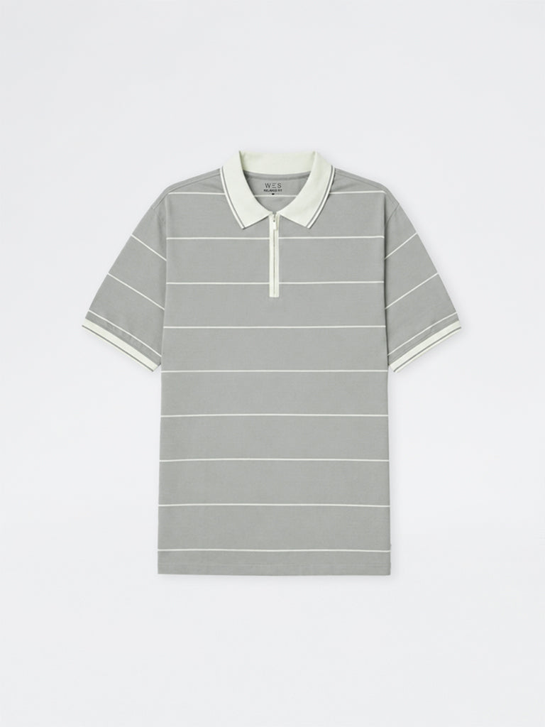 WES Casuals Grey Striped Relaxed-Fit Cotton-Blend Quarter Zip Polo T-Shirt
