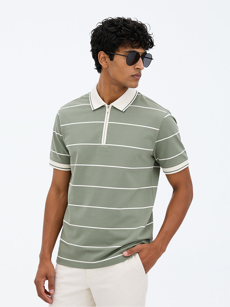 WES Casuals Light Olive Striped Relaxed-Fit Cotton-Blend Quarter Zip Polo T-Shirt