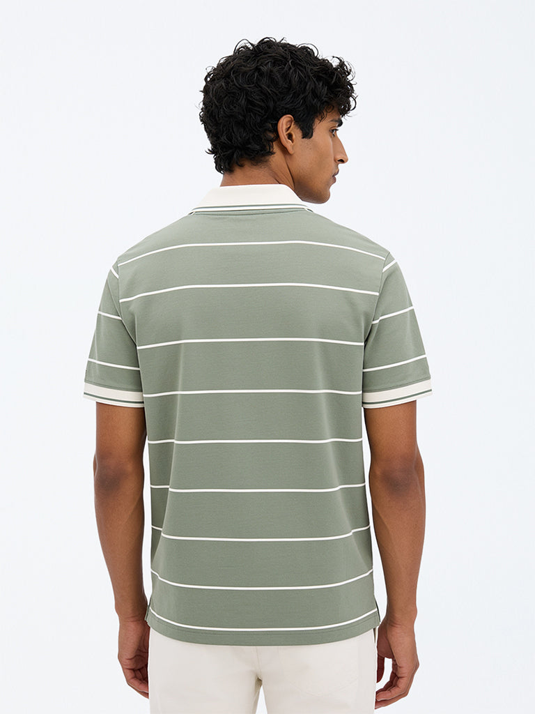 WES Casuals Light Olive Striped Relaxed-Fit Cotton-Blend Quarter Zip Polo T-Shirt