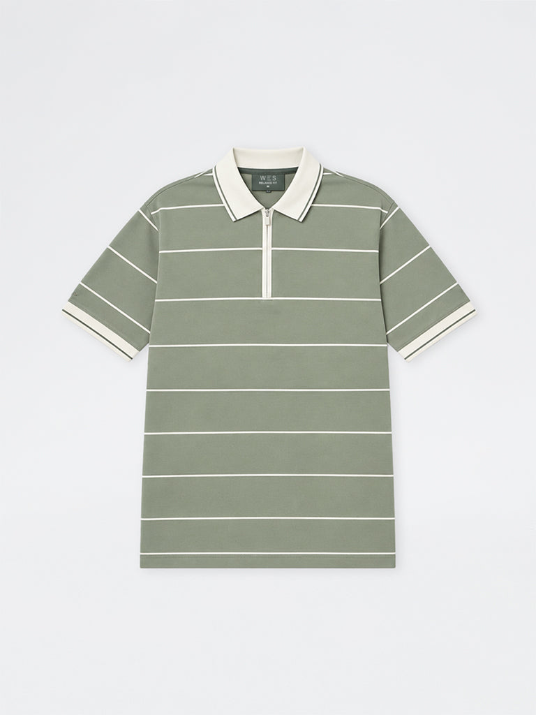 WES Casuals Light Olive Striped Relaxed-Fit Cotton-Blend Quarter Zip Polo T-Shirt