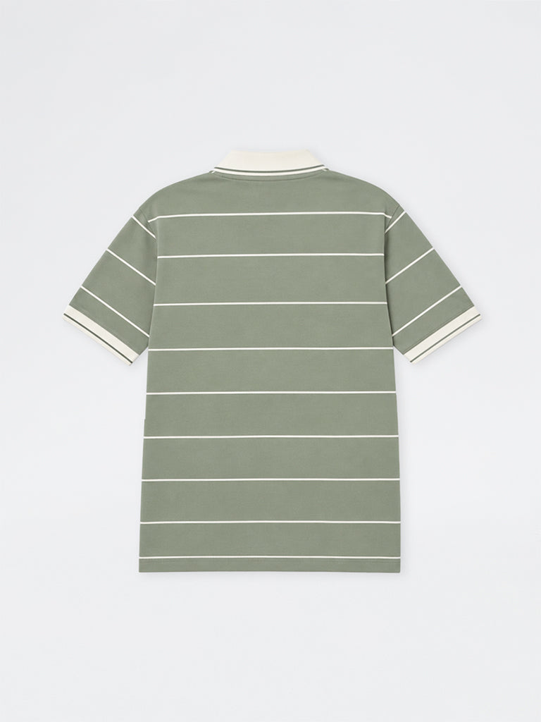 WES Casuals Light Olive Striped Relaxed-Fit Cotton-Blend Quarter Zip Polo T-Shirt