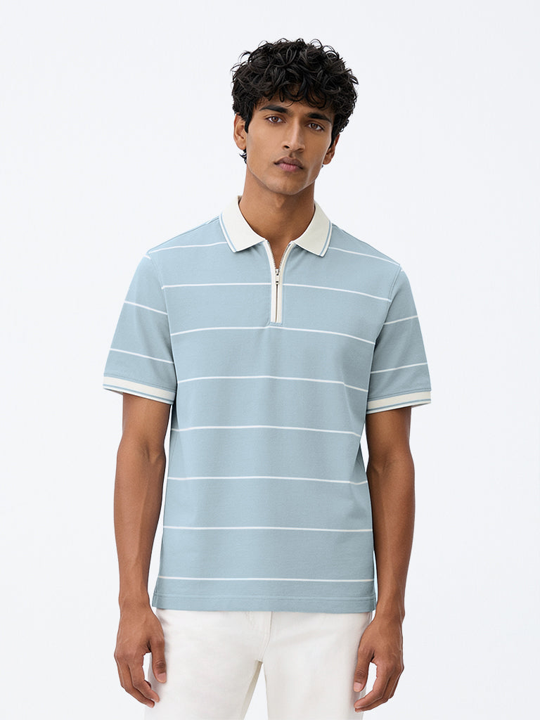 WES Casuals Light Blue Striped Relaxed-Fit Cotton Quarter Zip Polo T-Shirt
