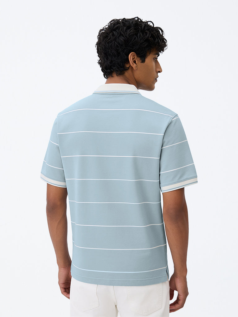WES Casuals Light Blue Striped Relaxed-Fit Cotton Quarter Zip Polo T-Shirt