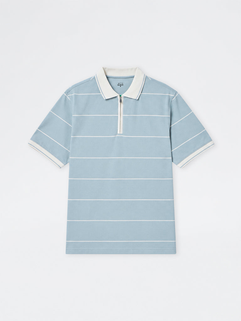 WES Casuals Light Blue Striped Relaxed-Fit Cotton Quarter Zip Polo T-Shirt