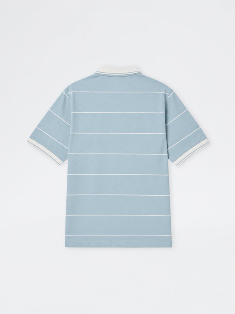 WES Casuals Light Blue Striped Relaxed-Fit Cotton Quarter Zip Polo T-Shirt
