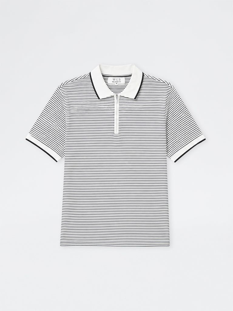 WES Casuals Black Striped Relaxed-Fit Cotton Quarter Zip Polo T-Shirt
