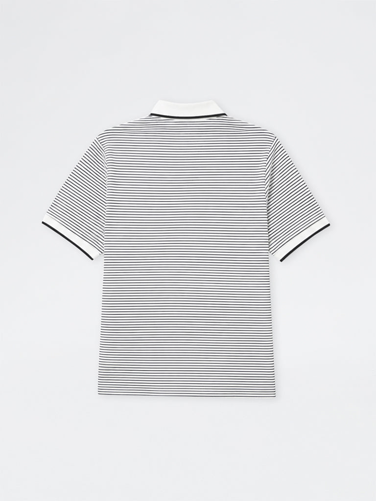 WES Casuals Black Striped Relaxed-Fit Cotton Quarter Zip Polo T-Shirt