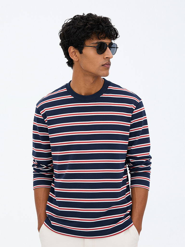 WES Casuals Off-White Striped Relaxed-Fit Cotton T-Shirt