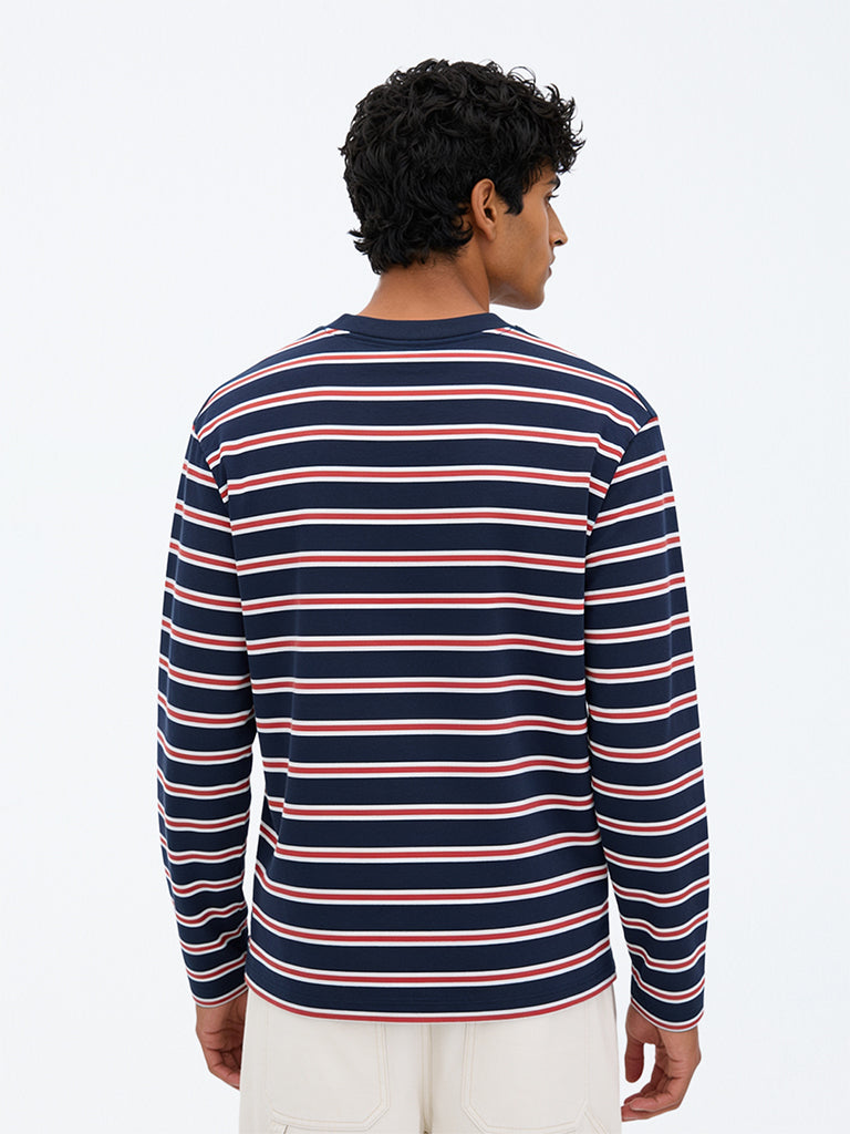 WES Casuals Off-White Striped Relaxed-Fit Cotton T-Shirt