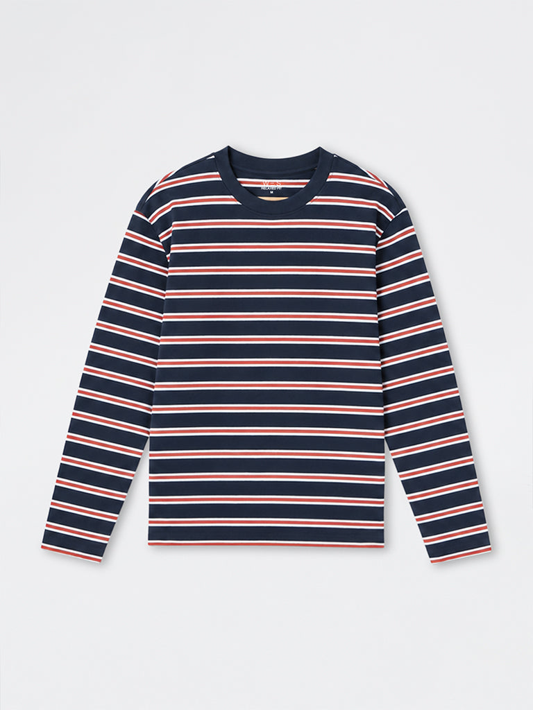 WES Casuals Off-White Striped Relaxed-Fit Cotton T-Shirt