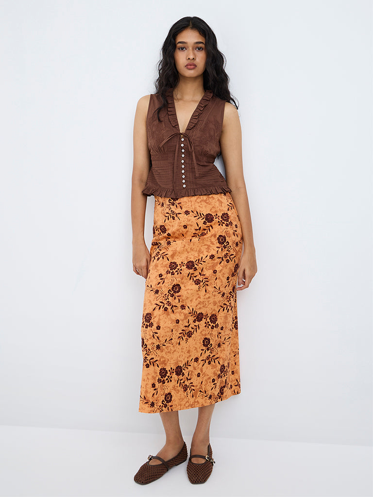 Bombay Paisley Orange Floral Pattern High-Rise Skirt