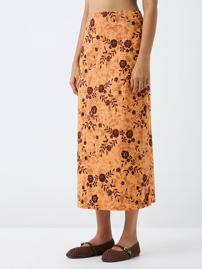 Bombay Paisley Orange Floral Pattern High-Rise Skirt