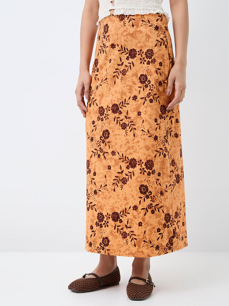Bombay Paisley Orange Floral Pattern High-Rise Skirt
