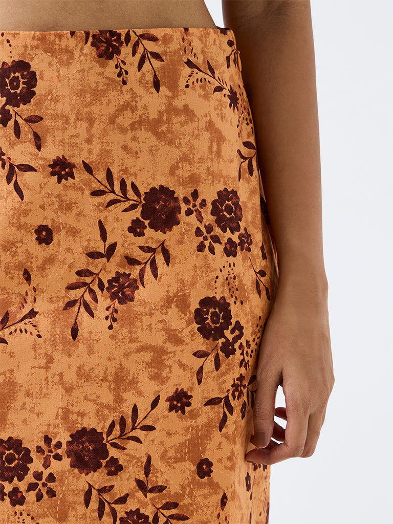 Bombay Paisley Orange Floral Pattern High-Rise Skirt