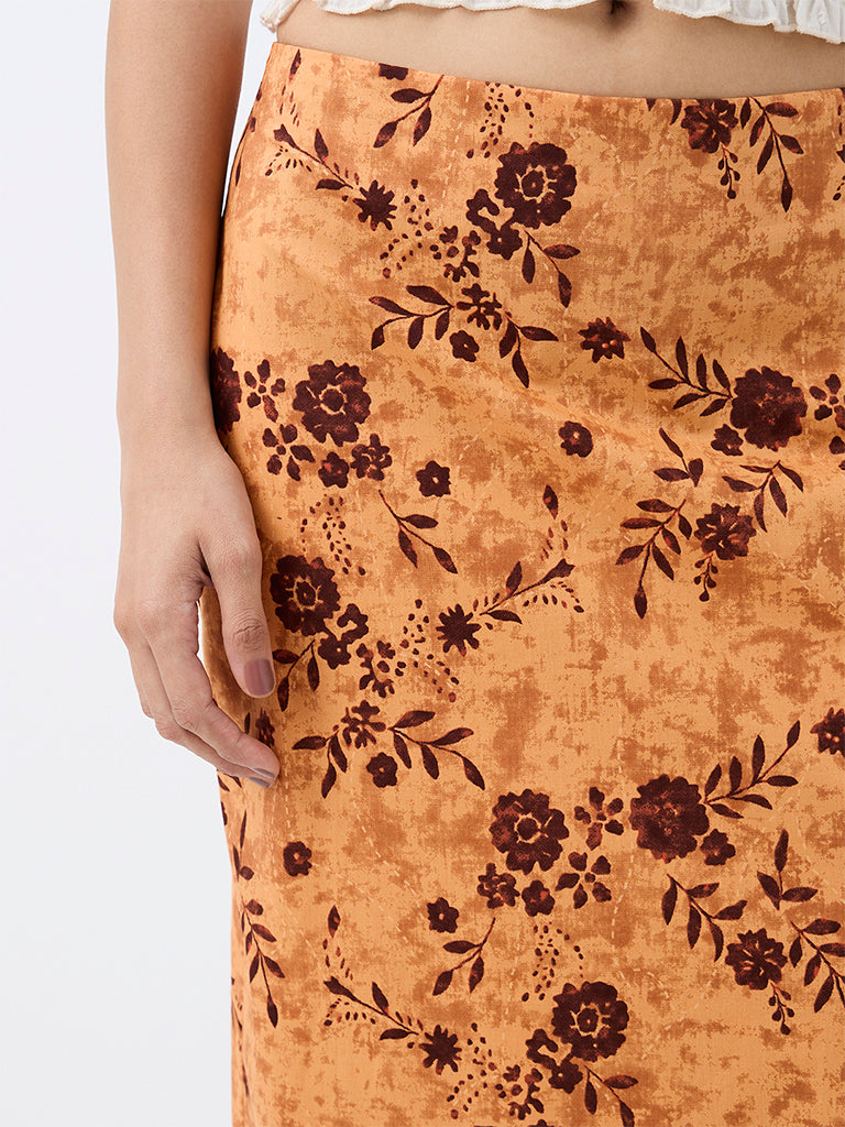 Bombay Paisley Orange Floral Pattern High-Rise Skirt