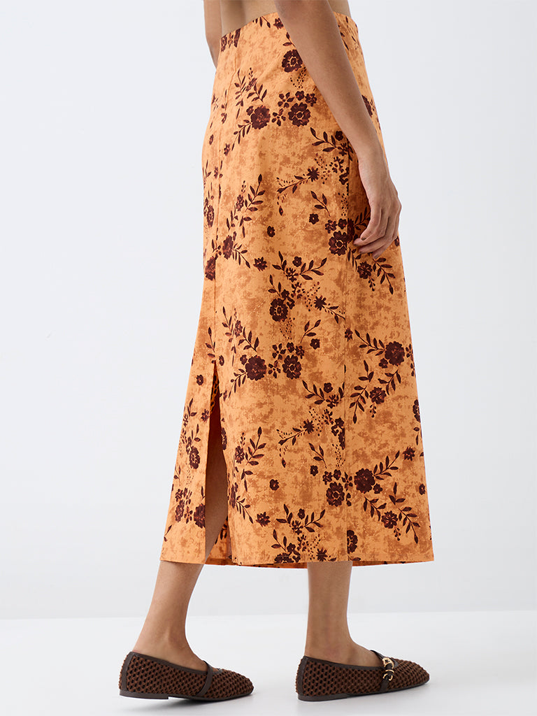 Bombay Paisley Orange Floral Pattern High-Rise Skirt