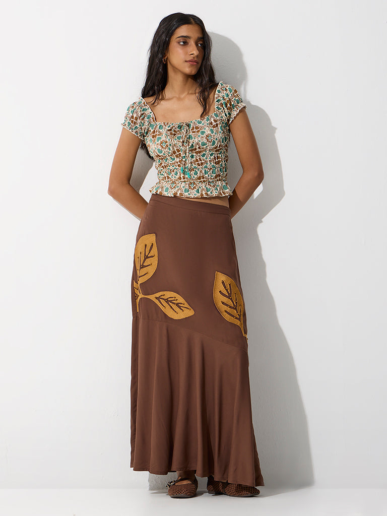 Bombay Paisley Dark Brown Leaf Design High-Rise Skirt
