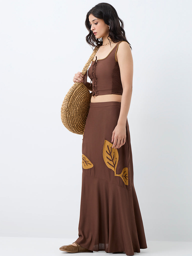 Bombay Paisley Dark Brown Leaf Design High-Rise Skirt