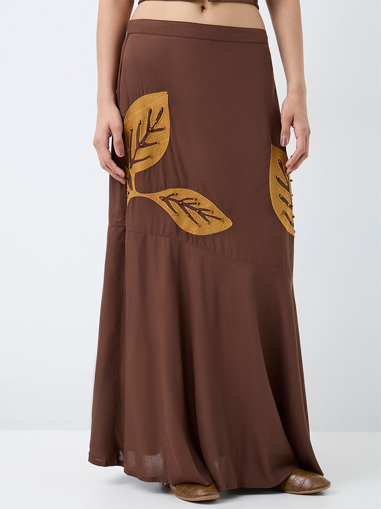 Bombay Paisley Dark Brown Leaf Design High-Rise Skirt