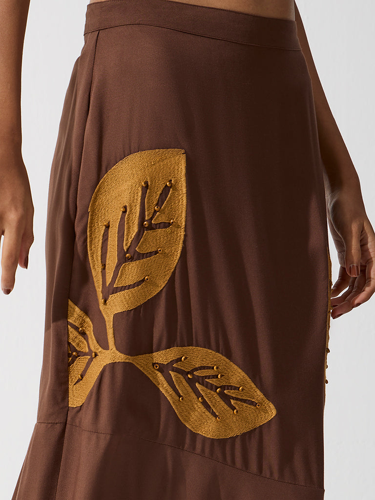 Bombay Paisley Dark Brown Leaf Design High-Rise Skirt