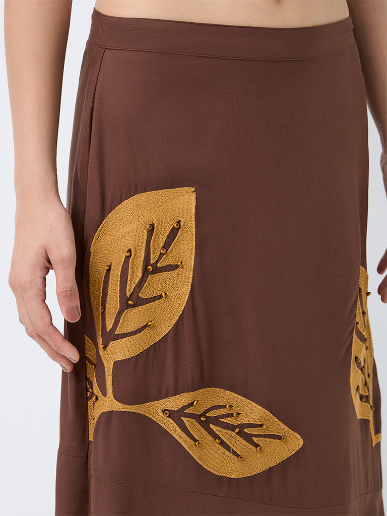 Bombay Paisley Dark Brown Leaf Design High-Rise Skirt