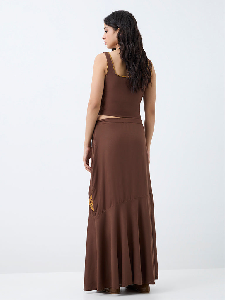Bombay Paisley Dark Brown Leaf Design High-Rise Skirt