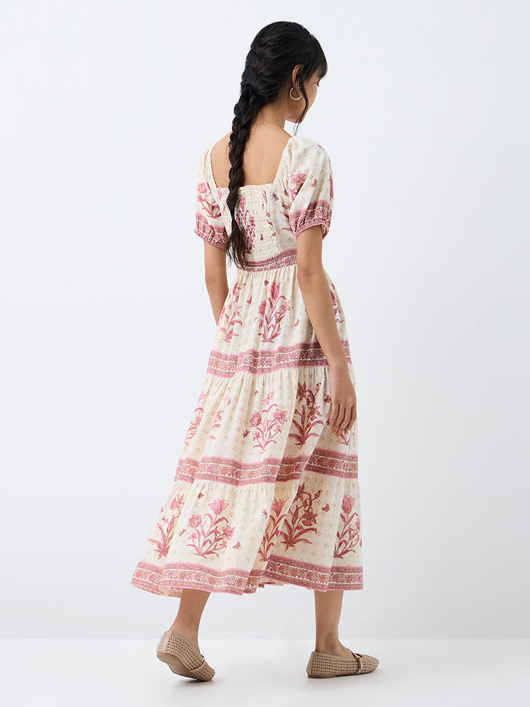 Bombay Paisley Off-White Floral Cotton Fit-and-Flare Dress