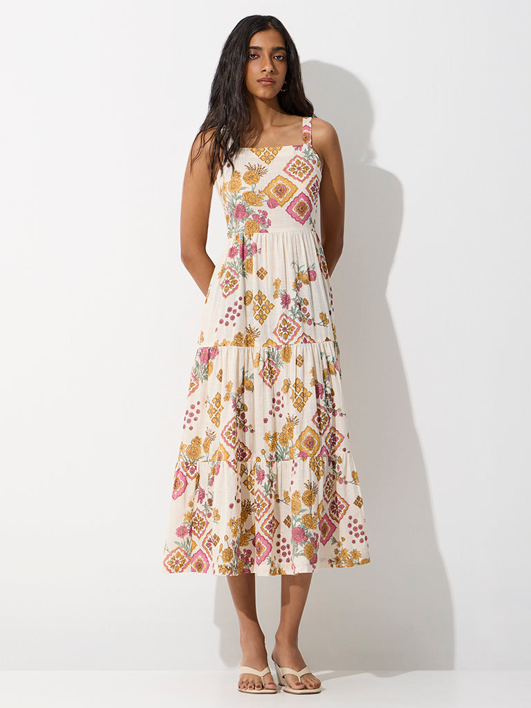 Bombay Paisley Off-White Printed Tiered Dress with Jacket