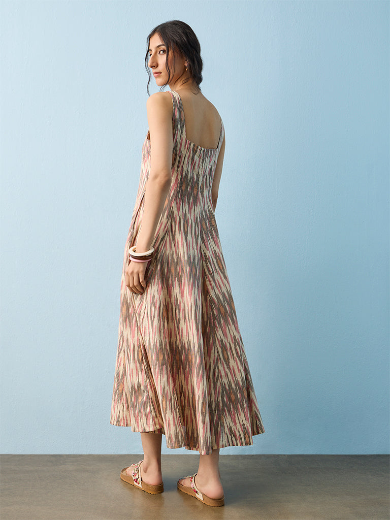 Bombay Paisley Beige Ikat Printed Cotton A-Line Dress