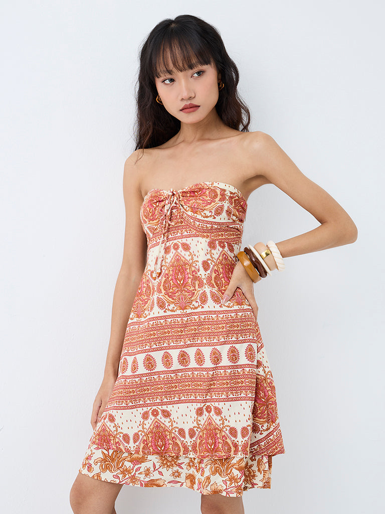 Bombay Paisley Orange Floral Printed Tube Dress