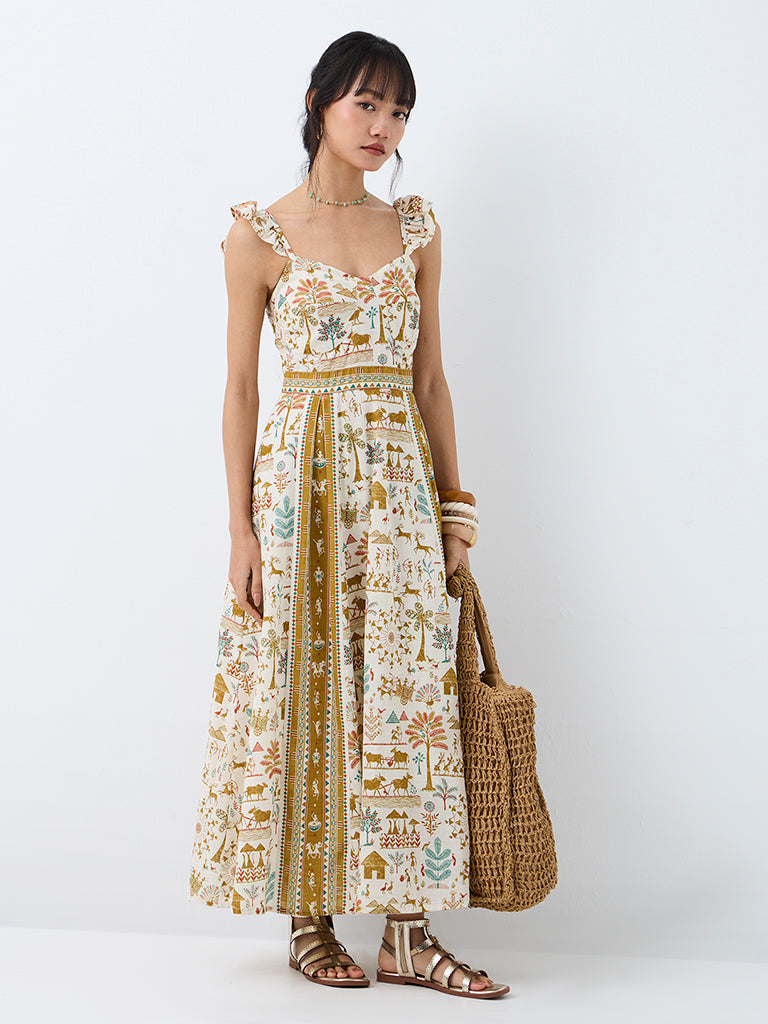 Bombay Paisley Off-White Printed Fit-and-Flare Dress