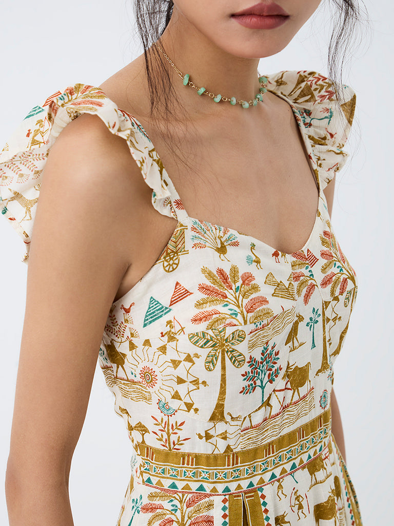 Bombay Paisley Off-White Printed Fit-and-Flare Dress