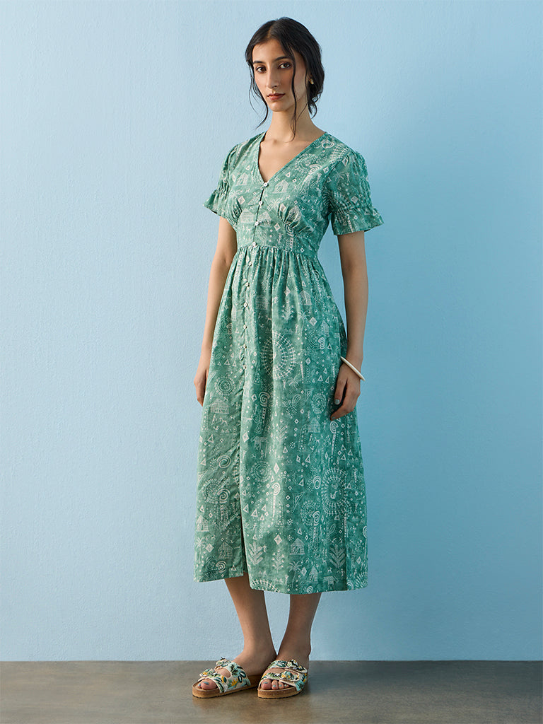 Bombay Paisley Green Printed Cotton A-Line Dress