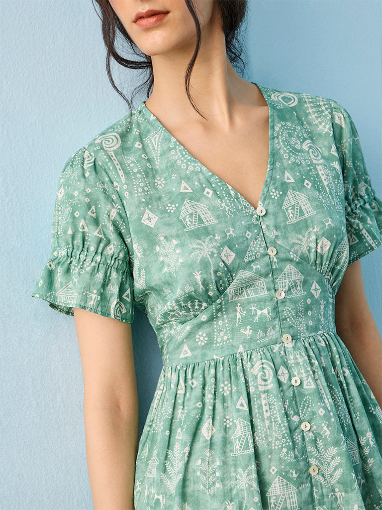 Bombay Paisley Green Printed Cotton A-Line Dress