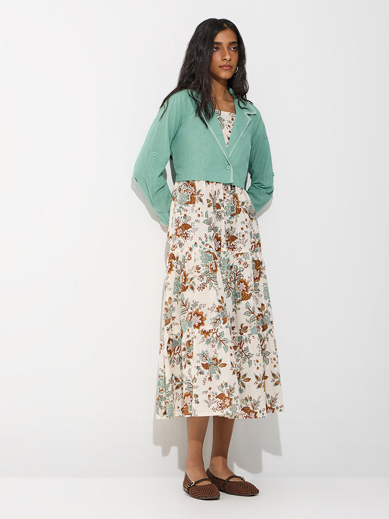 Bombay Paisley Off-White Cotton Tiered Dress with Jacket