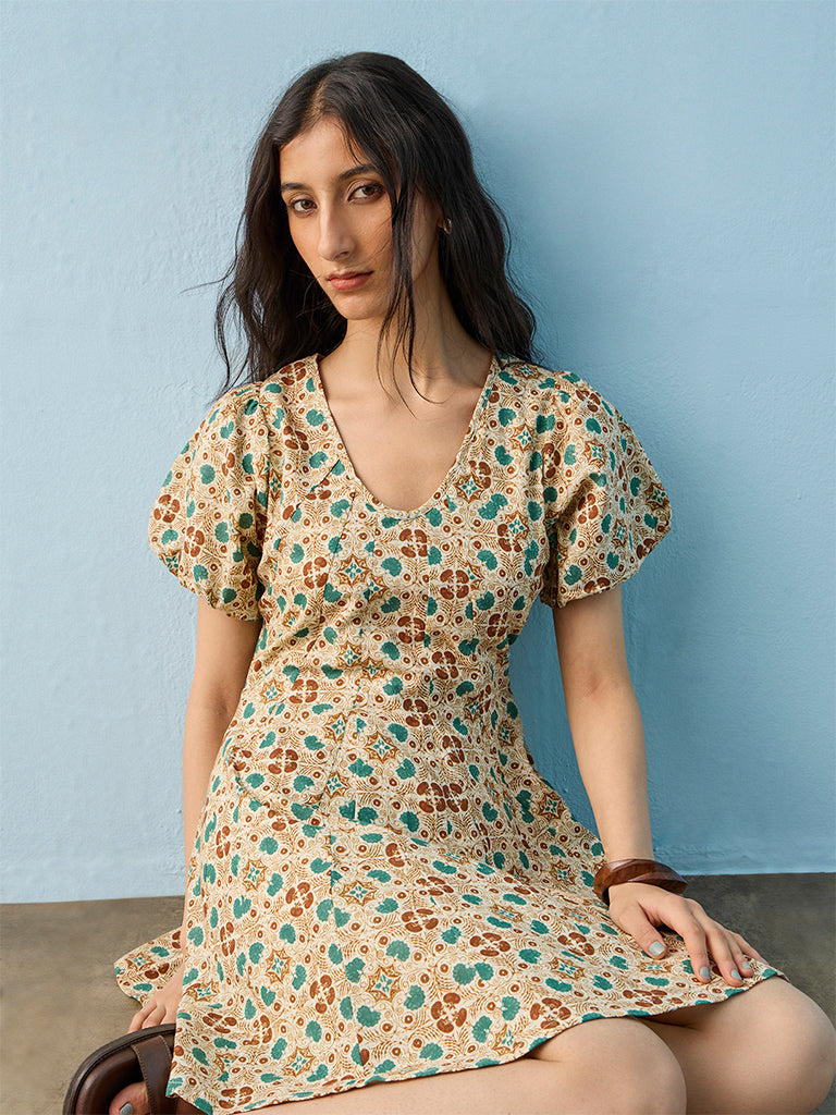 Bombay Paisley Off-White Printed Cotton A-Line Dress