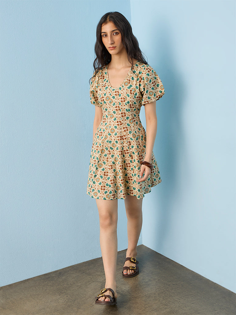 Bombay Paisley Off-White Printed Cotton A-Line Dress