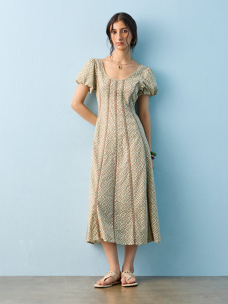 Bombay Paisley Off-White Floral Printed Cotton-Blend A-Line Dress