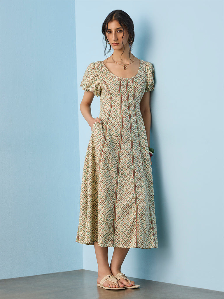 Bombay Paisley Off-White Floral Printed Cotton-Blend A-Line Dress