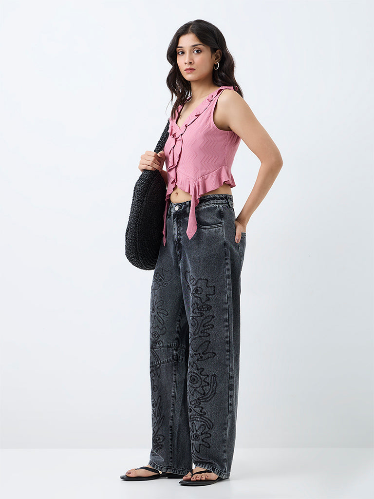 Bombay Paisley Black Wash High-Waist Barrel Jeans