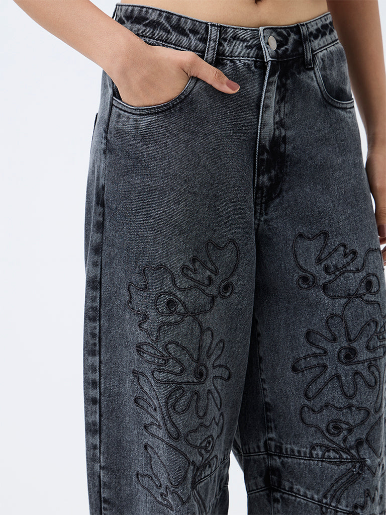 Bombay Paisley Black Wash High-Waist Barrel Jeans