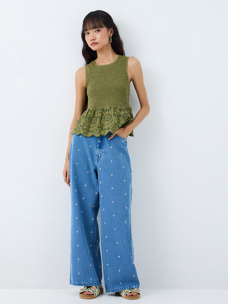 Bombay Paisley Blue Embroidered High-Rise Jeans