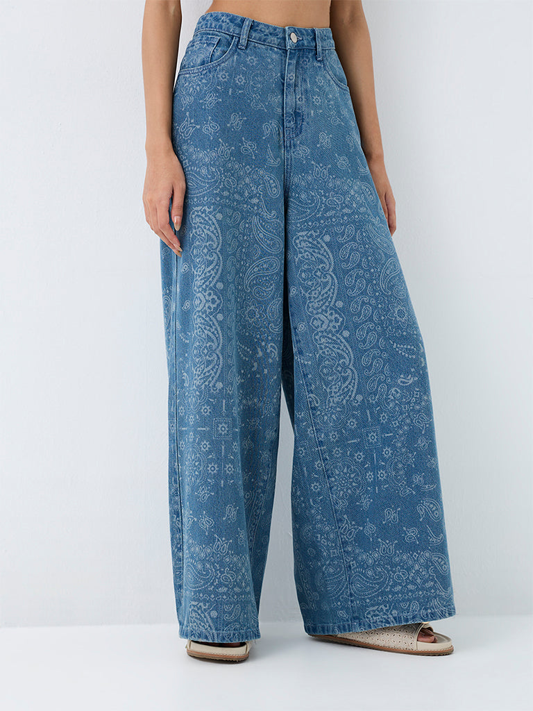 Bombay Paisley Blue Paisley Printed High-Rise Jeans