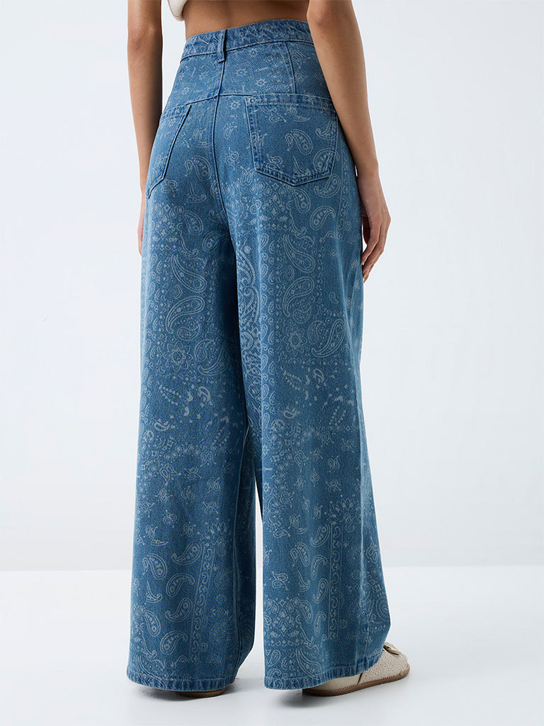 Bombay Paisley Blue Paisley Printed High-Rise Jeans