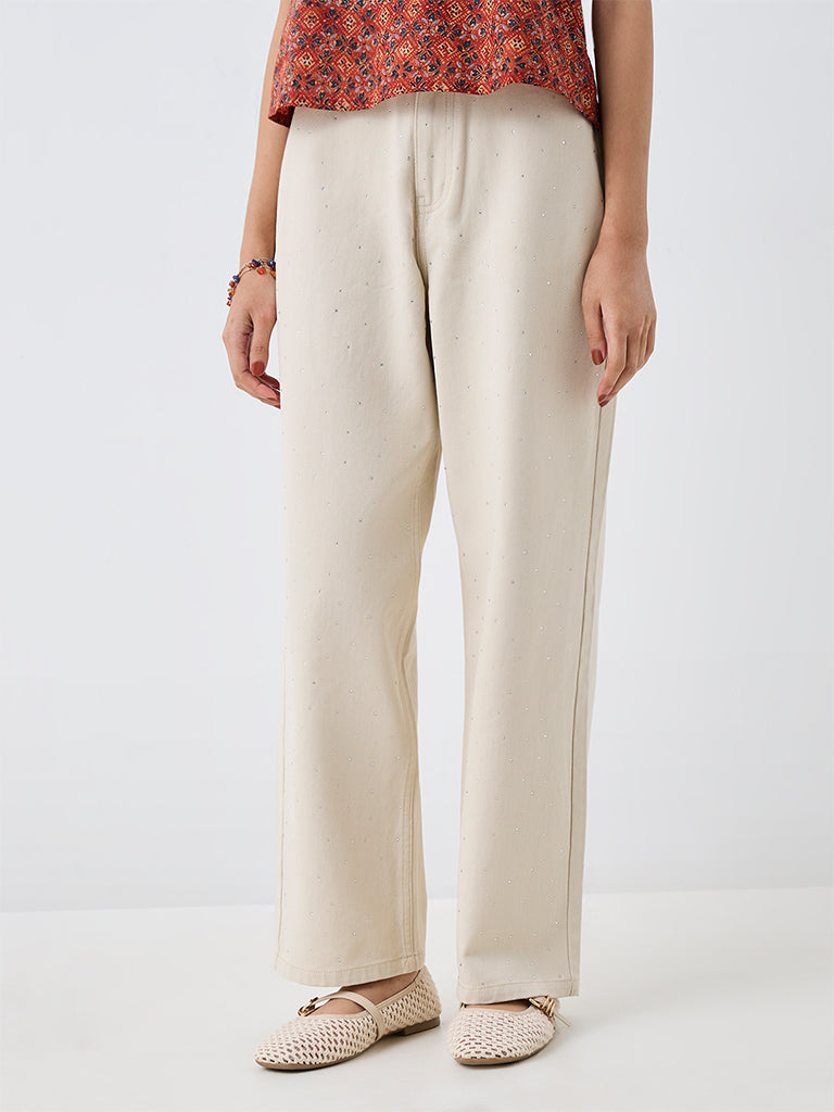 Bombay Paisley Light Beige High-Waist Straight-Fit Jeans with Stud Detailing